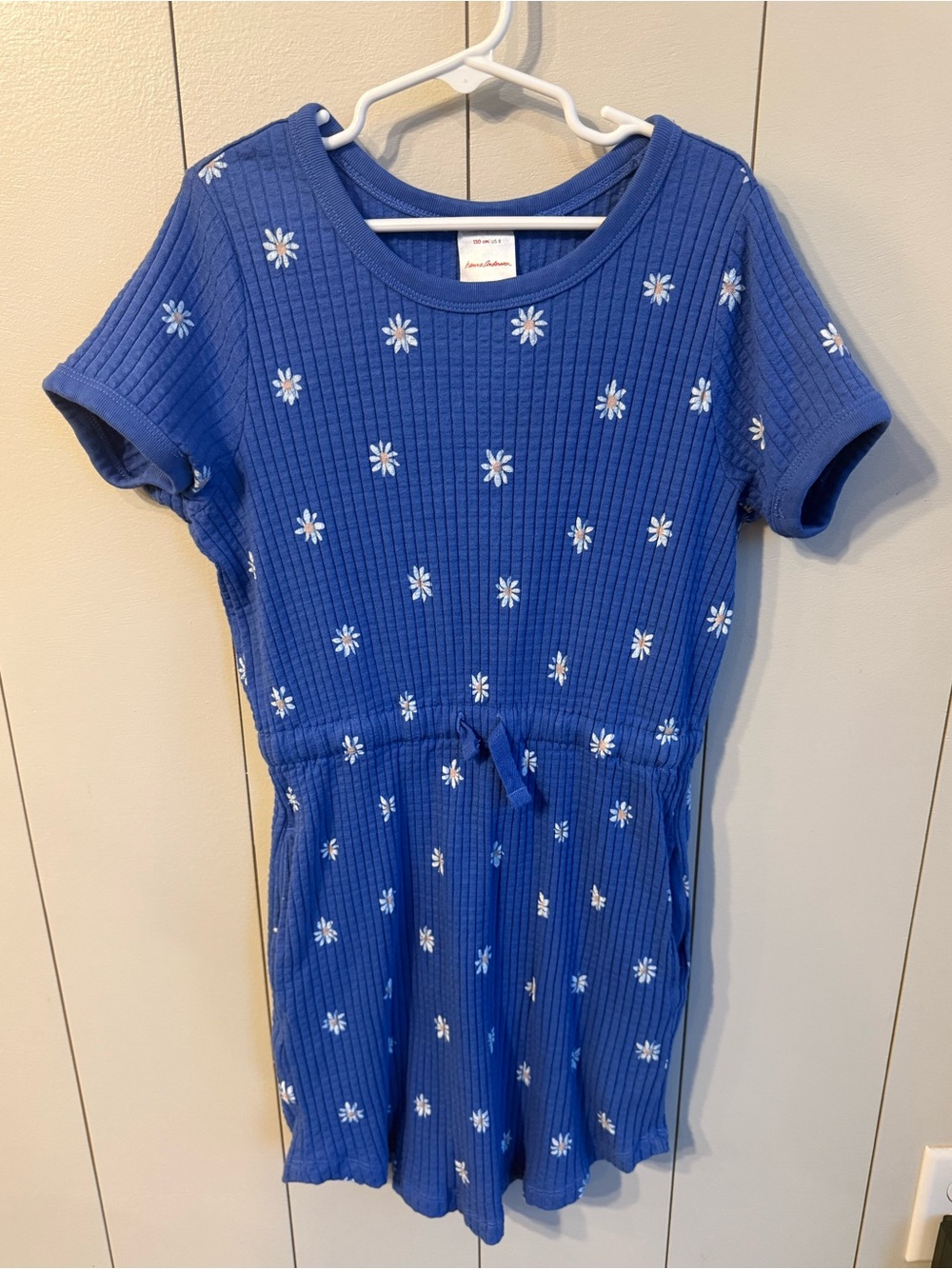 Hanna Andersson Blue Ribbed Daisy Drawstring Dress Girls Size 8